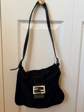 Fendi Nylon Mamma Baguette Black FF Logo Shoulder Bag